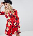 Influence Tall Frill Skater Shirt Dress In Floral Print - Red
