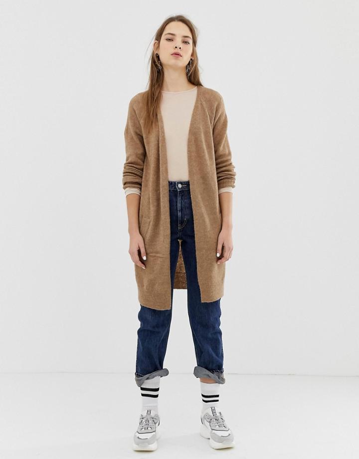 Pieces Jane Wool Blend Long Open Cardigan - Brown