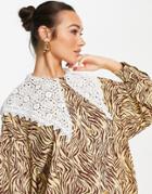 Ghospell Long Sleeve Blouse In Tonal Animal Print With Oversized Lace Collar-yellow