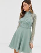 Asos Design Mini Dress With Linear Embellished Bodice And Wrap Skirt-green