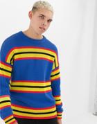Collusion Crew Neck Sweater In Bright Stripe - Blue