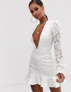 John Zack Plunge Front Lace Flippy Mini Dress In White - White