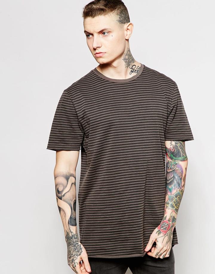 Asos Super Longline T-shirt With Grungy Stripe And Scoop Hem With Nibbling - Brown