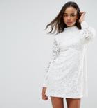Fashion Union Petite High Neck Dress With Lace Puff Sleeves - Cream