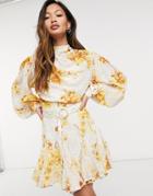 Asos Design High Neck Pleated Jacquard Mini Dress With Insert Detail In Floral Print And Macrame Belt-multi