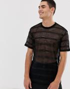 Asos Design Relaxed T-shirt In Stripe Mesh In Black - Black
