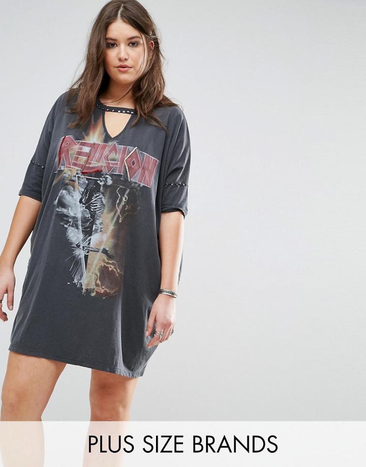 Religion Plus Skeleton Band Tee Dress With Stud Neckline & Keyhole Cut Out - Gray
