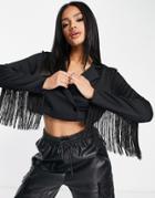 Asos Design Jersey Tux Crop Suit Blazer With Fringe Detail In Black