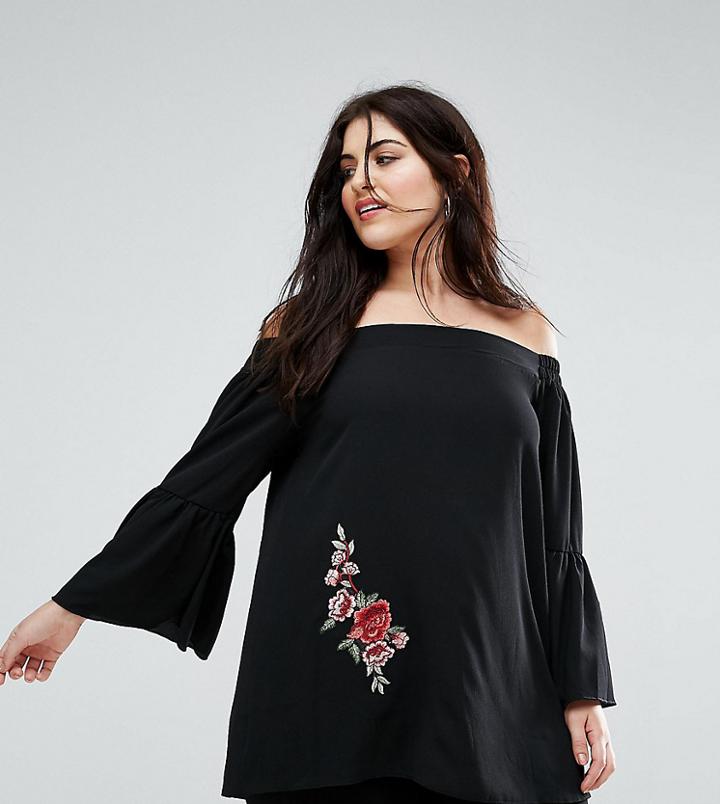 Lovedrobe Bardot Blouse With Floral Embellished Motif - Black