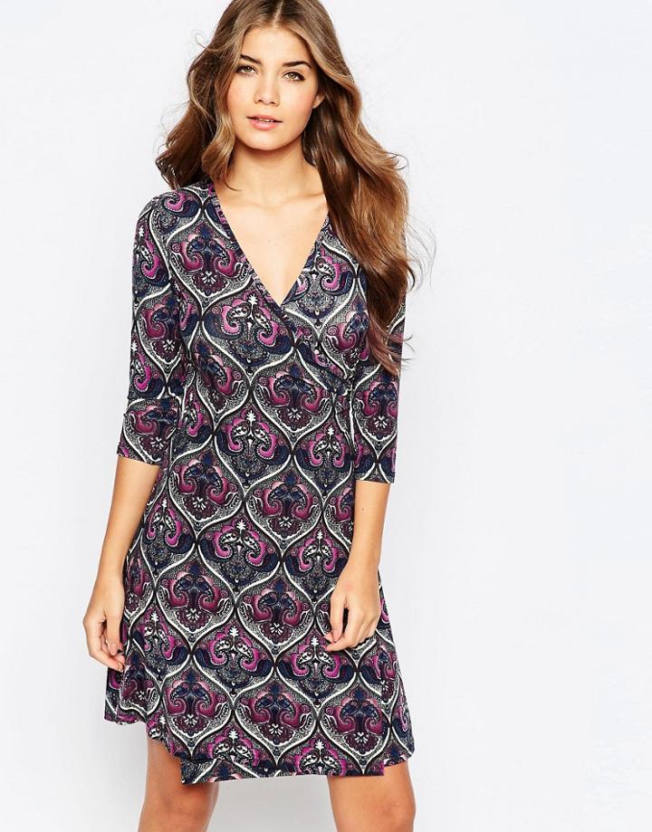 Qed London Wrap Front Printed Dress - Blue Mulberry