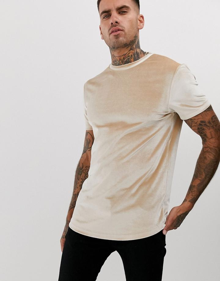 Asos Design Longline Velour T-shirt In Beige - Beige
