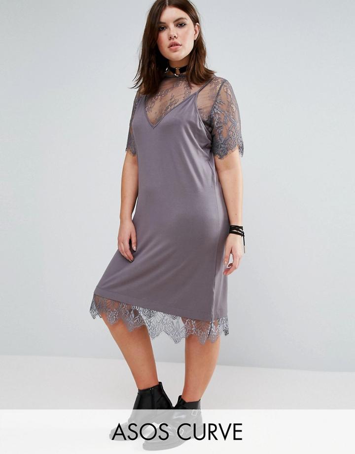 Asos Curve Cami Dress With Lace Underlayer - Gray