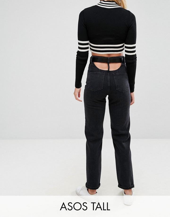 Asos Tall High Waisted Straight Leg Jeans With Open Back In Ashes Washed Black With Belt - Black