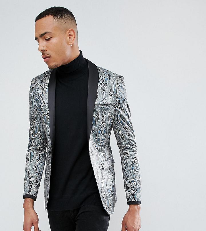 Asos Tall Super Skinny Blazer With Paisley Print - Green
