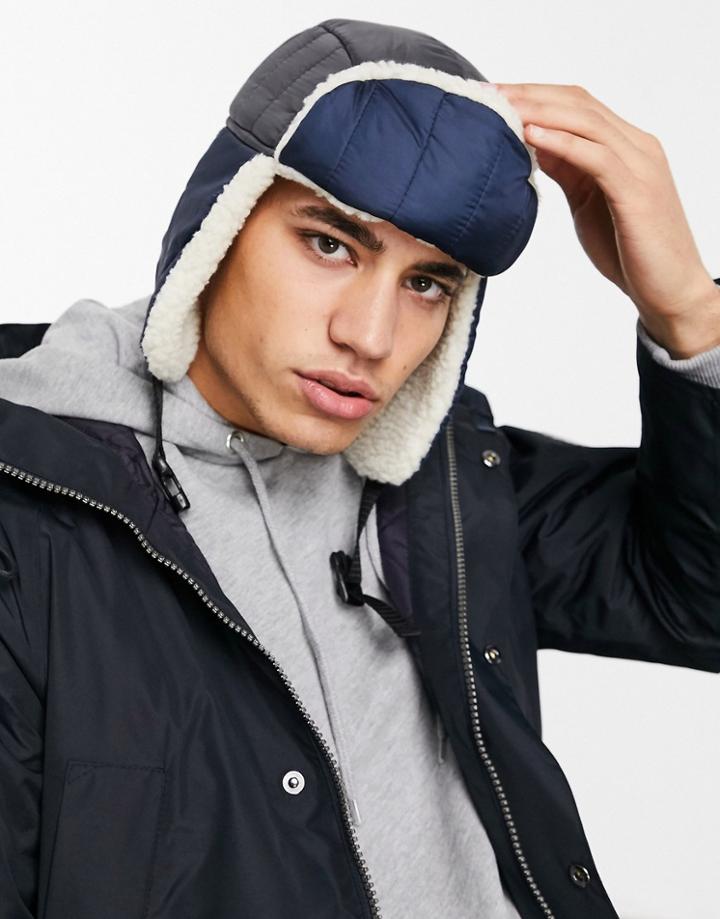 Asos Design Trapper Hat In Nylon And Borg Mix-navy