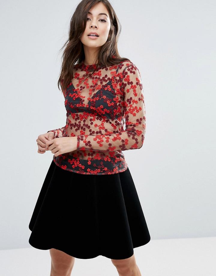 Little White Lies Ava High Neck Embroidered Sheer Top - Red