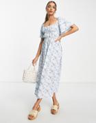 Qed London Angel Sleeve Midi Dress In Floral Print-blue