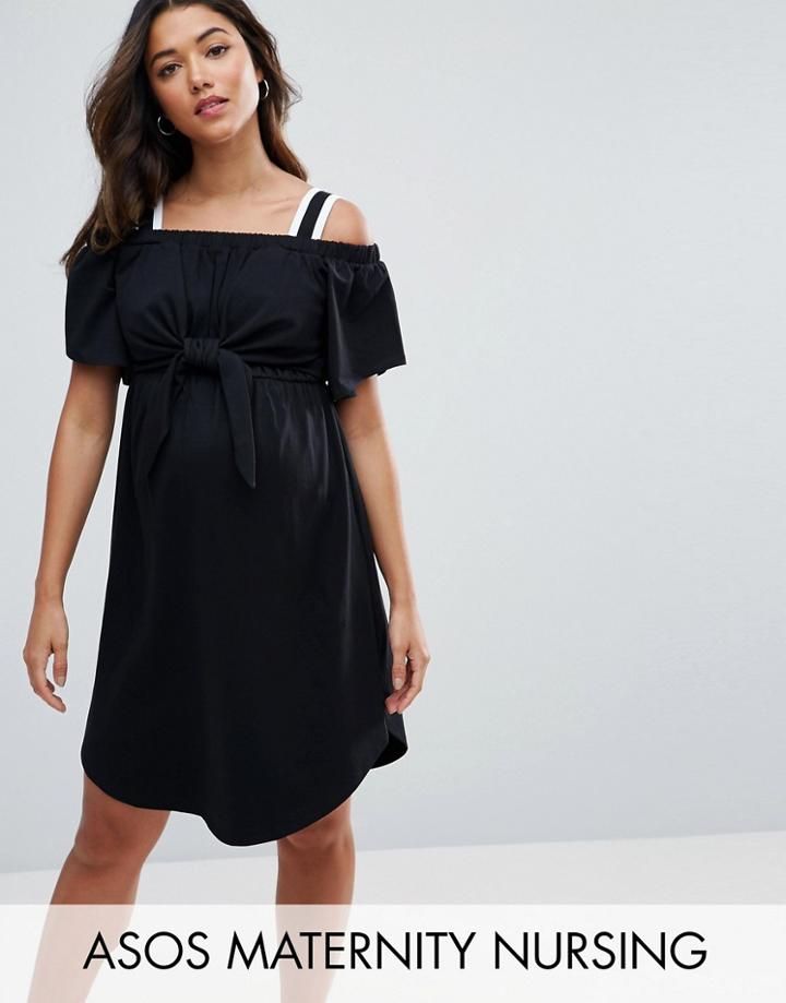 Asos Maternity Nursing Dress With Tie Front And Elastic Strap Detail - Black
