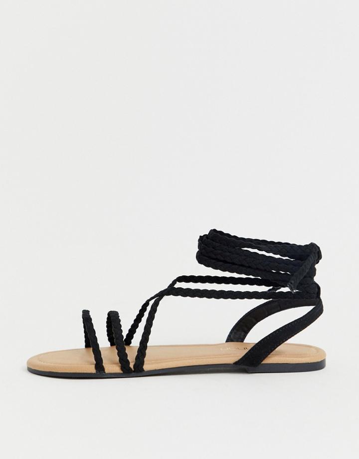 Boohoo Flat Sandal With Braided Tie Up Straps In Black - Black
