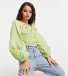 In The Style Petite X Syd & El Shirred Top With Volume Sleeve In Lime-multi