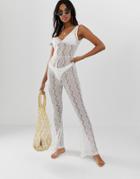 Asos Design Plunge Lace Beach Jumpsuit With Flare Pants - White