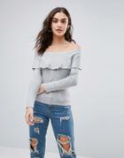 Qed London Off Shoulder Frill Sweater - Gray