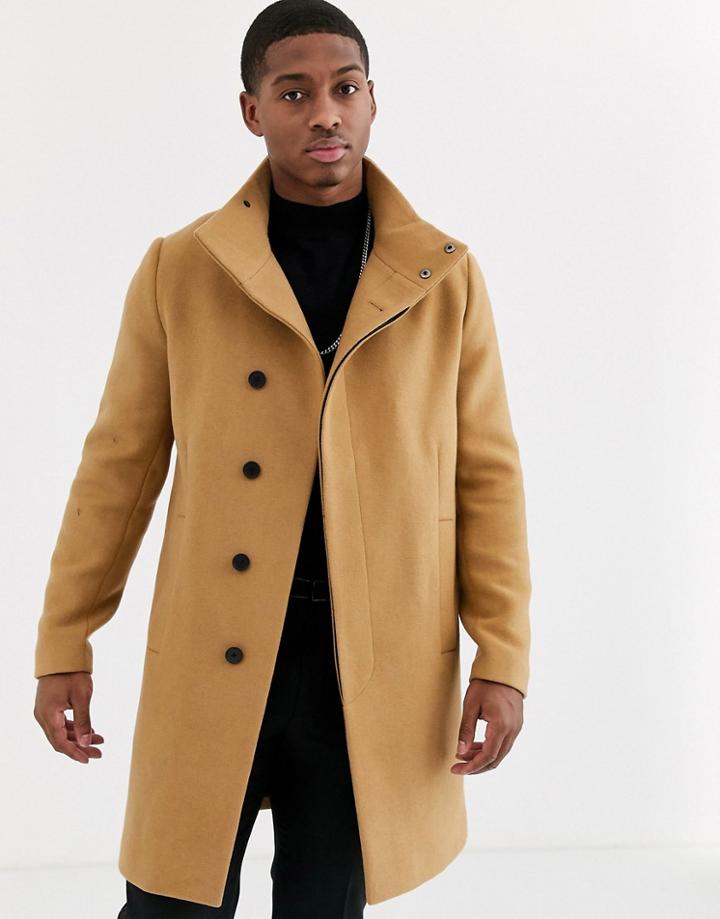 Asos Design Funnel Neck Wool Mix Jacket In Camel-tan