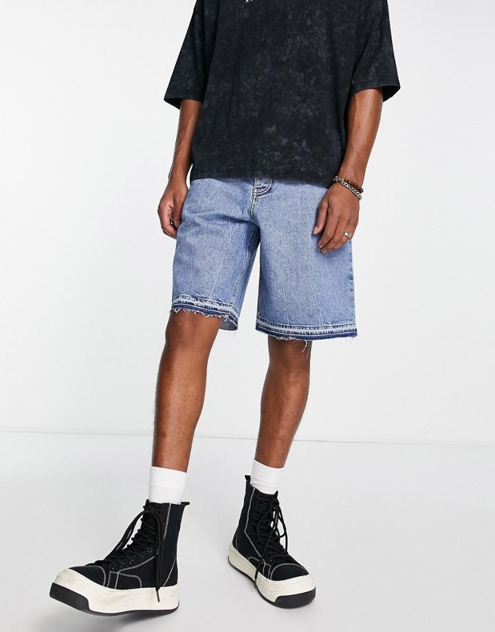 Topman Straight Leg Hem Short In Mid Wash-blue