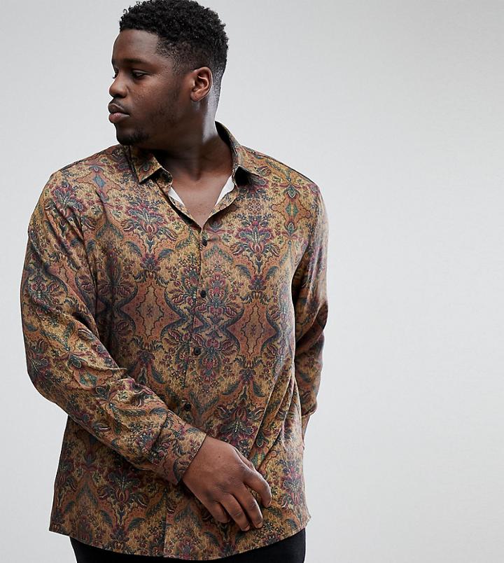 Asos Plus Regular Fit Vintage Print Shirt In Brown - Green