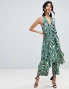 Asos Design Jumpsuit With Multi Layers In Linen Look And Brushstroke Print - Multi