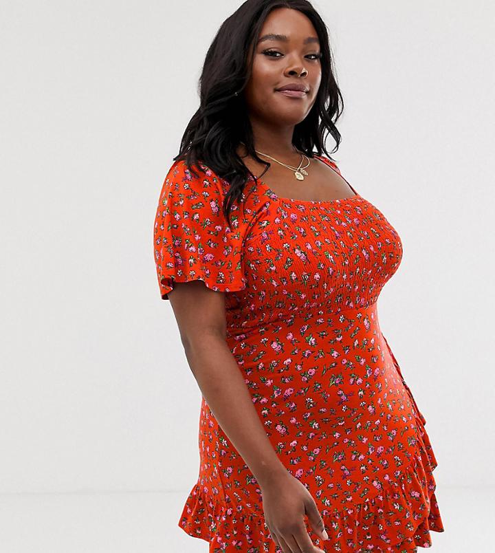 Asos Design Curve Floral Printed Shirred Sundress With Ruffle - Multi