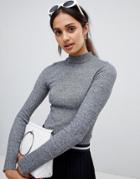 Bershka Vertical Ribbed Funnel Neck Sweater - Gray