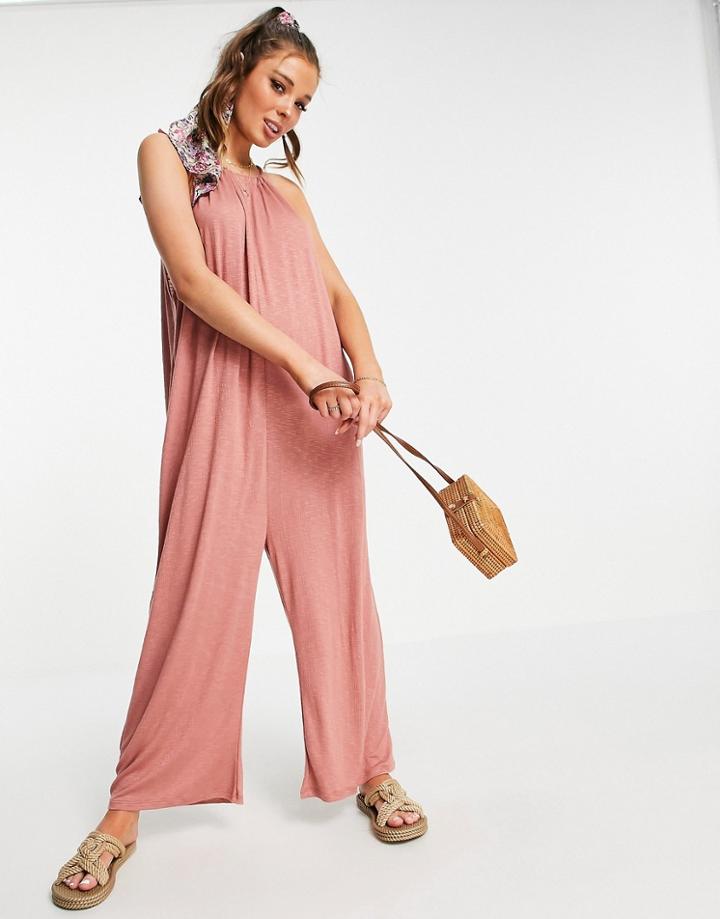 Asos Design Textured Tie Halter Jumpsuit In Dusky Rose-pink