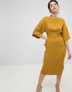 Closet London Ribbed Pencil Dress With Tie Belt In Mustard - Yellow