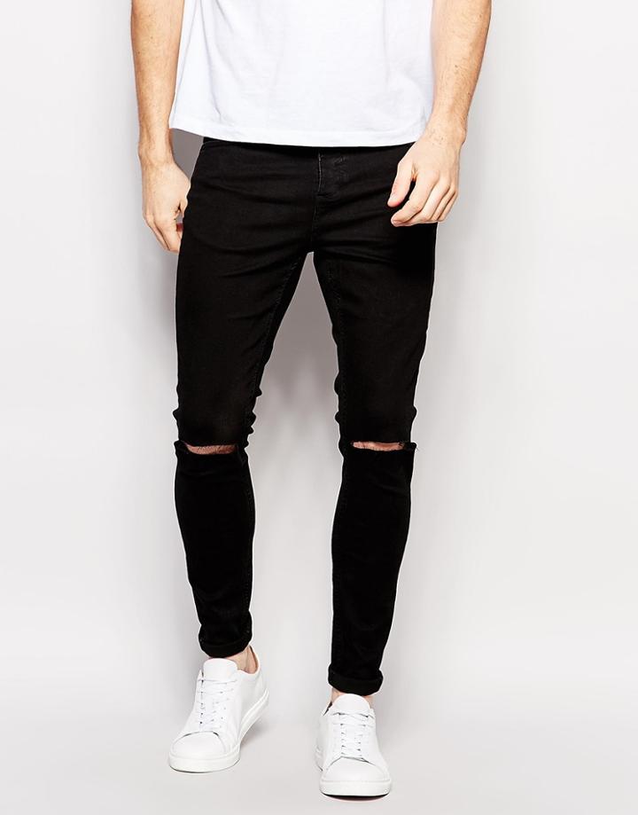 Selected Homme Super Skinny Fit Jeans With Stretch And Rips - Black