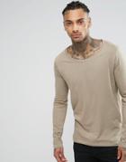 Asos Long Sleeve T-shirt With Scoop Neck In Beige - Beige