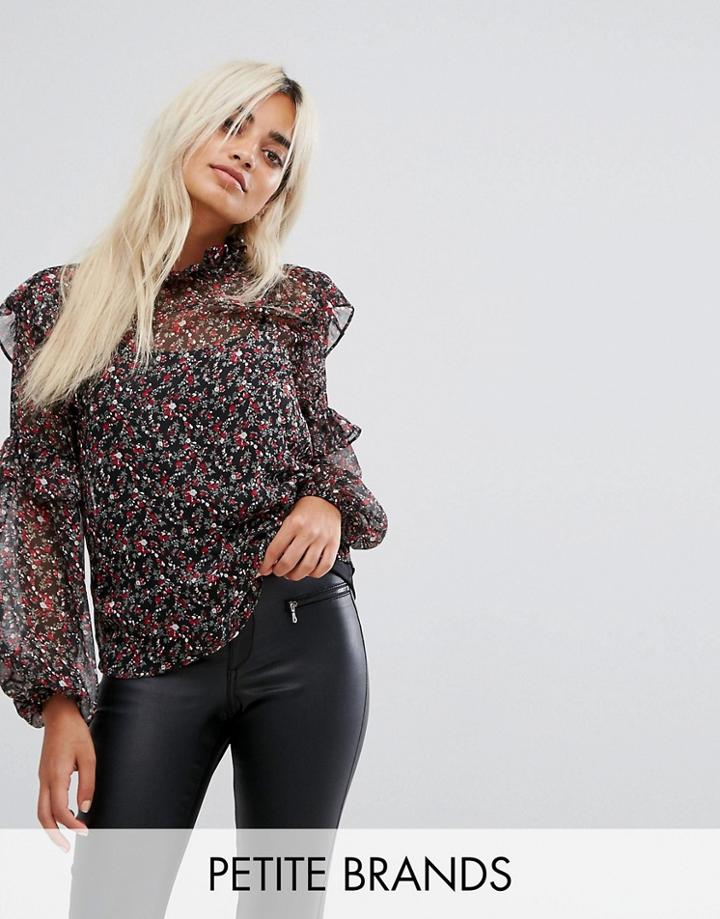Fashion Union Petite Sheer High Neck Blouse In Floral Print - Black