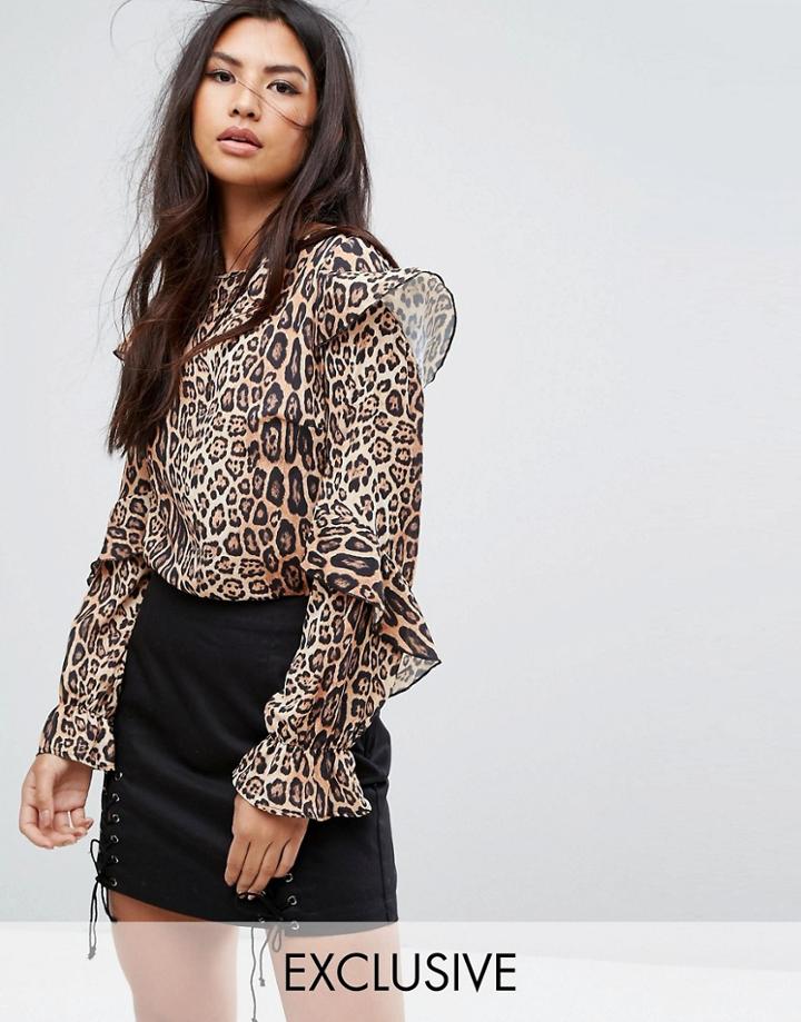 Missguided Leopard Print Frill Blouse - Multi
