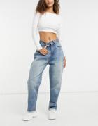 The Couture Club High Waist Mom Jeans With Rips In Light Wash Blue-blues
