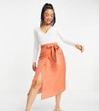 Asos Design Petite Wrap Midaxi Tie Detail Skirt In Terracotta-pink