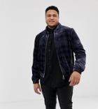 Asos Edition Plus Bomber Jacket In Navy Check Velour With Ring Pull