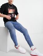 Topman Stretch Tapered Jeans In Mid Wash-blues