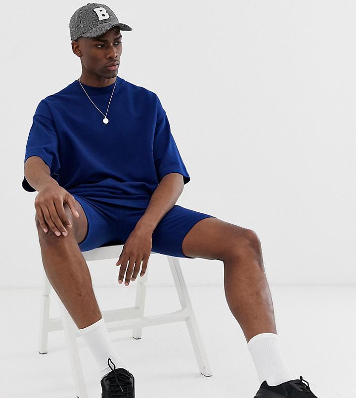 Asos Design Tall Tracksuit Short Sleeve Oversized Sweatshirt/skinny Short In Bright Navy - Navy