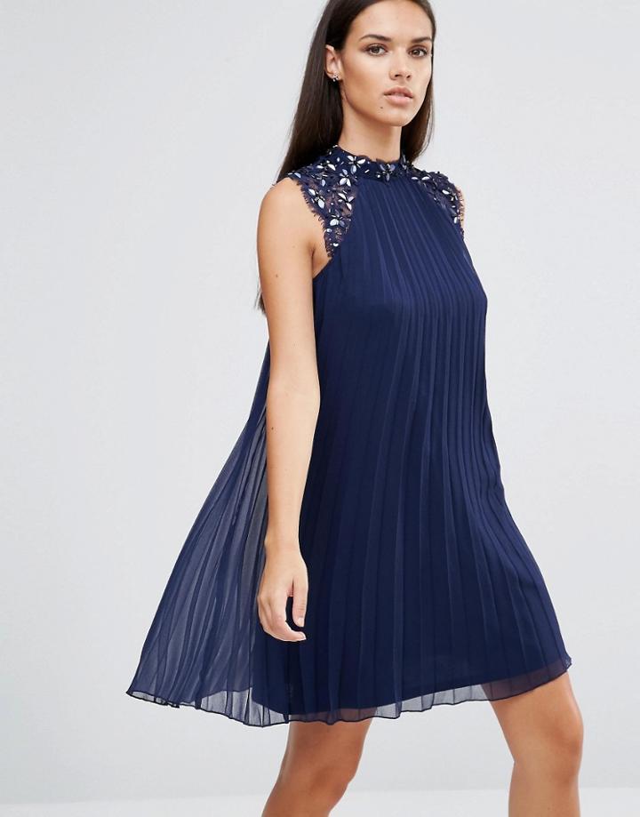 Lipsy 3d Flower Pleated Swing Dress - Navy