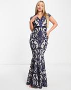 Goddiva Embroidered Maxi Prom Dress With Fishtail In Navy