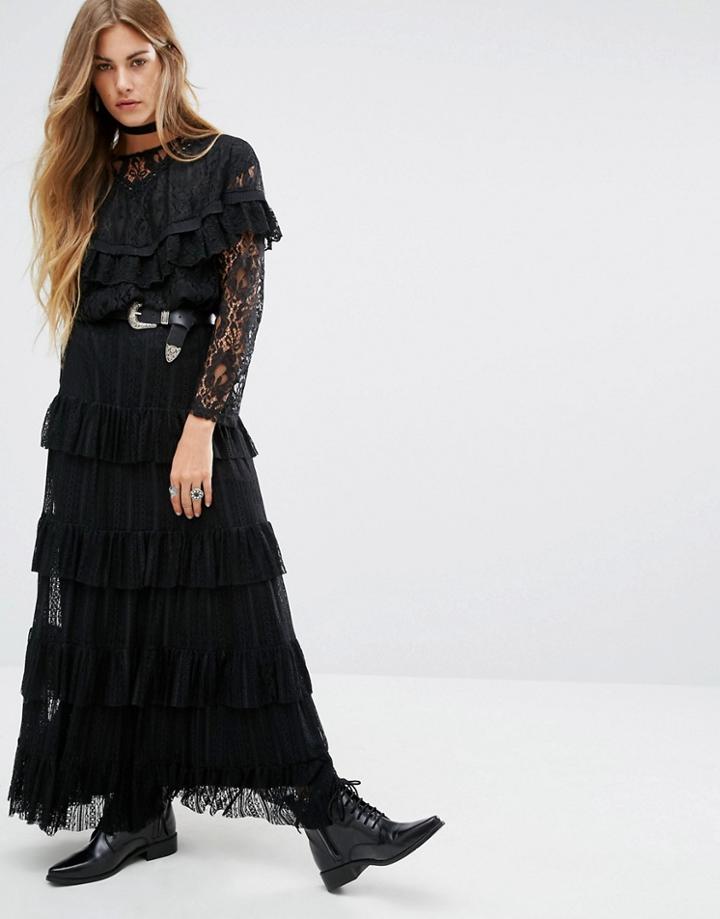Navy London Maxi Skirt With Lace Tiers - Black