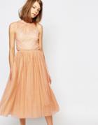 Lost Ink Sheer Mesh Overlay Dress With Sequin Embroidery - Nude