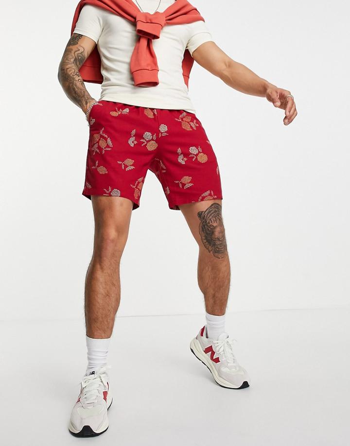Asos Design Slim Shorts In Linen Mix With Embroidered Print
