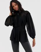 Asos Design Long Sleeve Sheer High Neck Top With Volume Sleeve-black