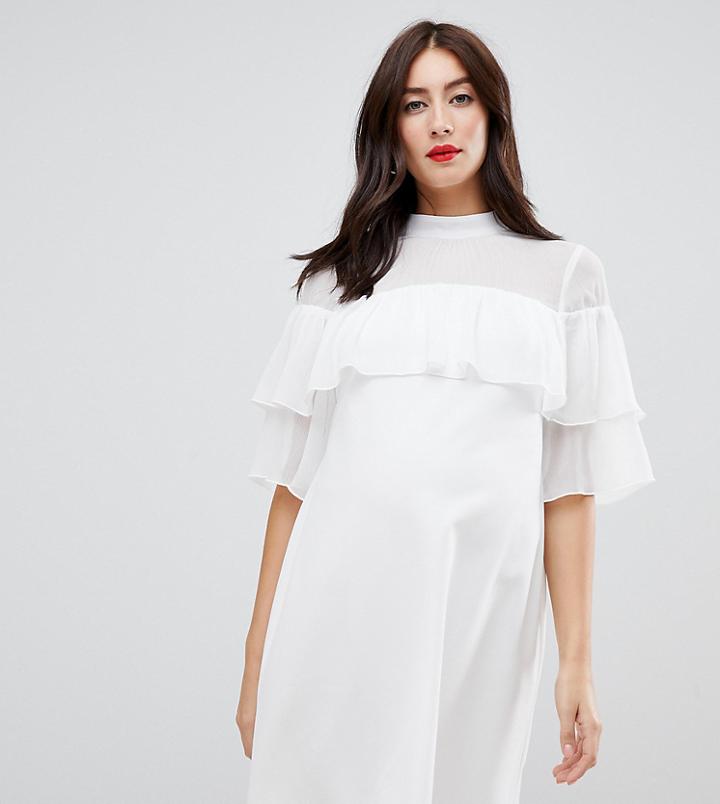 Asos Design Maternity Shift Dress With Ruffle - White